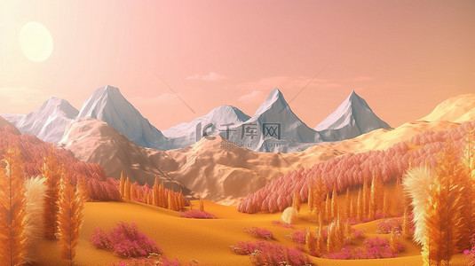 卡通树山背景图片_3D 渲染中秋山的柔和背景