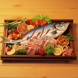 木盘上的鱼，配上蔬菜和调味品