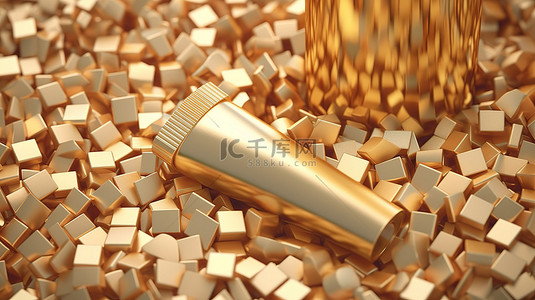 金色立方体耀眼背景上化妆品管的 3D 渲染