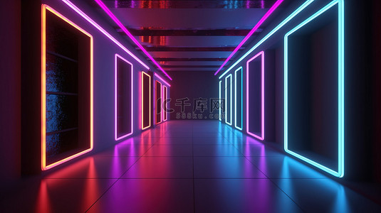 走廊抽象荧光背景图片_在 3d 渲染中用霓虹灯照亮的走廊