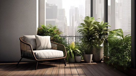 当代住宅阳台或阳台，配有豪华扶手椅和 3D 渲染的茂盛植物