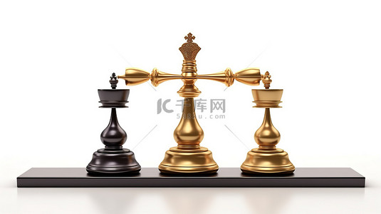 皇家国王和三个国际象棋棋子在 3d 创建的白色背景上保持平衡