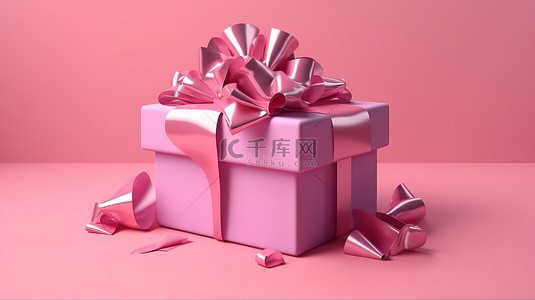 充满活力的 3d 礼品盒，在粉红色背景逼真渲染上带有多色蝴蝶结