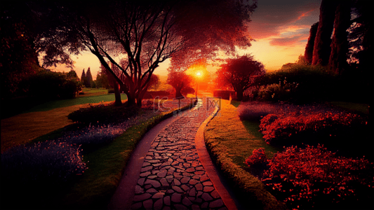 公园夕阳红色小路