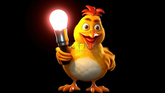 搞笑的 3D 小鸡抓着灯泡