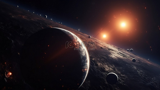 宇宙陨石背景图片_具有遥远系外行星的空间束缚行星系统的 3D 渲染