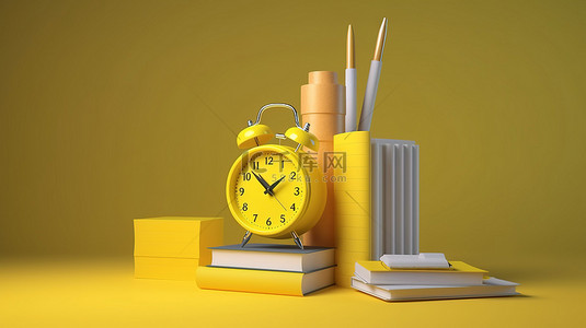 教育概念 3D 渲染黄色闹钟书库和铅笔，适合您的模型设计