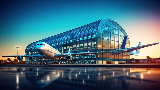 现代玻璃摩天大楼，设有机场航站楼，并以 3D 形式签署未来主义旅行概念