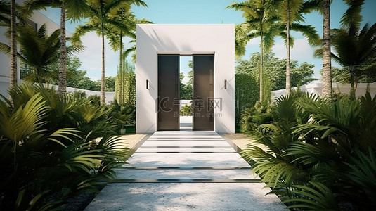 带开放入口门的现代热带房屋的 3D 插图