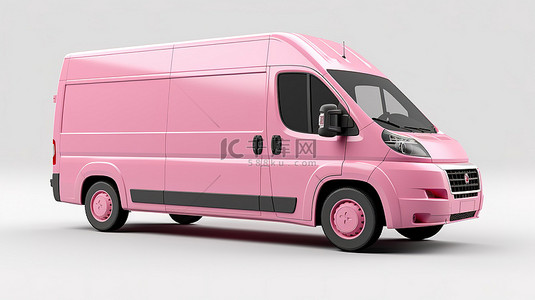 粉红色车背景图片_白色背景的 3D 插图，带有粉红色中型商用货车，配有空白画布，用于应用您自己的设计铭文和徽标