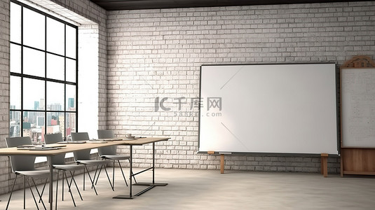 白板教室背景图片_带阁楼风格和白板 3D 渲染的白砖墙教室