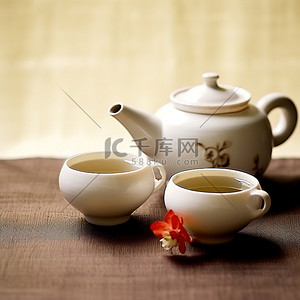 俯拍茶壶茶杯背景图片_一个茶壶和茶壶中的两个白色杯子