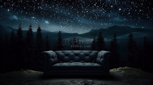 户外小茶几背景图片_户外沙发的 3D 插图，可以看到黑森林上空的黑暗夜空和闪烁的星星