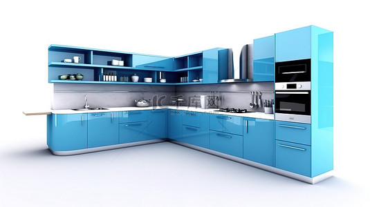 白色背景与蓝色厨房的 3D 渲染