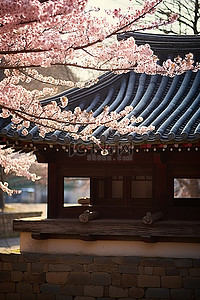花仙子动图背景图片_一栋韩国石头建筑，顶部附近有一些樱花
