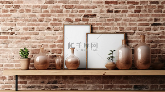 3D 插图产品展示在木桌上，背景为复古砖墙