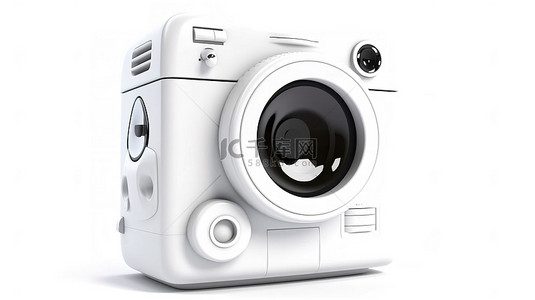 时尚的白色洗衣机吉祥物在使用 3D 建模创建的纯白色背景上与高科技数码相机合影
