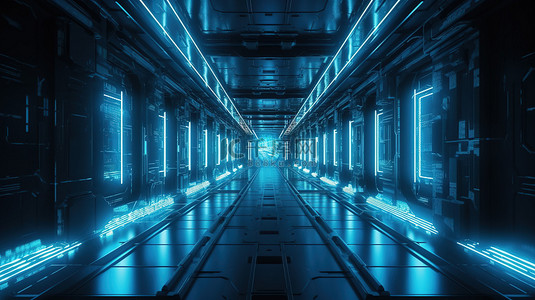 蓝色抽象背景中的科幻走廊 3d 渲染