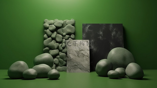 带有 3D 渲染石材展览的绿色石膏背景