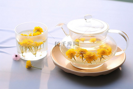 菊花背景图片_一杯茶和一些洋甘菊花混合在一起