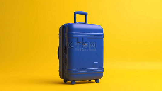 夏季度假或商务旅行概念 3D 渲染蓝色手提箱在空白黄色背景上