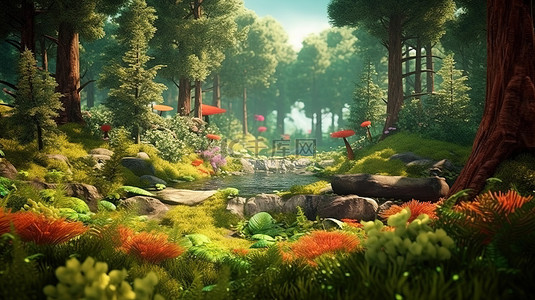 令人惊叹的森林景观的迷人 3D 插图