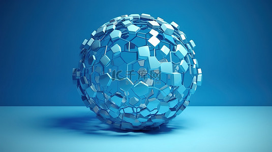 简单圆形装饰背景图片_蓝色背景装饰有球形多边形环的 3D 装饰立方体