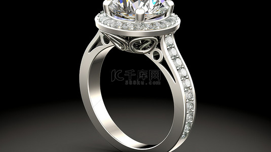 带圆形主石的平柄光环订婚戒指内花丝的 3D 渲染
