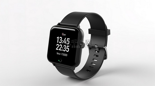 黑色简约智能手表模型，带有空白屏幕和白色背景 3D 渲染的表带