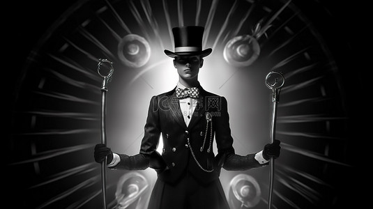 虚拟现实角色扮演蒸汽朋克绅士，戴着圆顶礼帽，手杖以黑白 3D 渲染