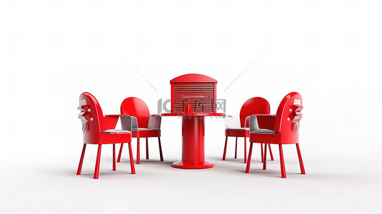 商务桌子背景图片_红色邮箱中心的椅子排列在桌子周围，通过 3D 渲染以白色背景呈现