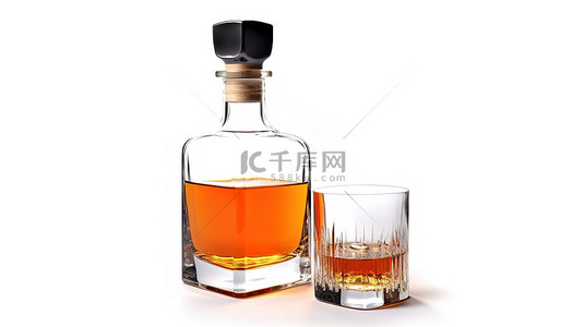 威士忌酒瓶和玻璃的 3D 渲染被隔离在白色背景标签上，已删除