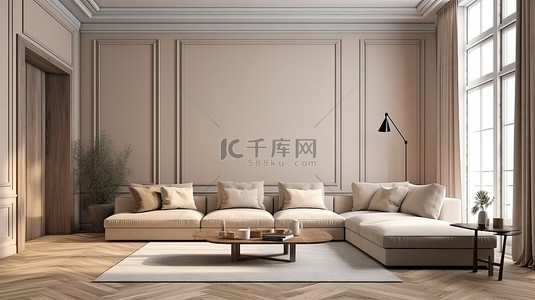 室内设计视觉现代客厅配有浅棕色 l 形沙发