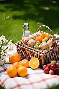 野餐篮背景图片_草地上的野餐篮，里面装满了水果和三明治