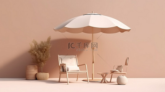 柔和的米色和白色简约户外家具的 3D 渲染，配有椅子和雨伞