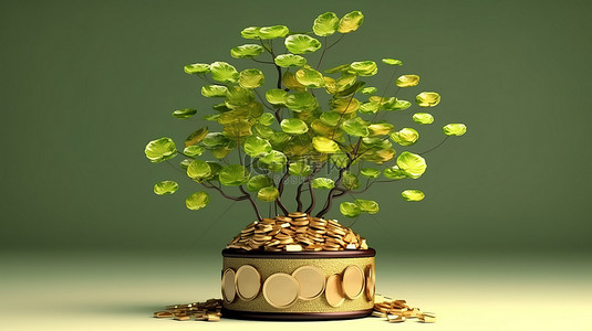 装饰着硬币花和堆叠硬币的茂盛金钱树植物的 3D 插图