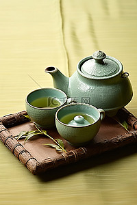 茶壶西式茶壶背景图片_竹托盘上放有茶壶和饮水杯碟