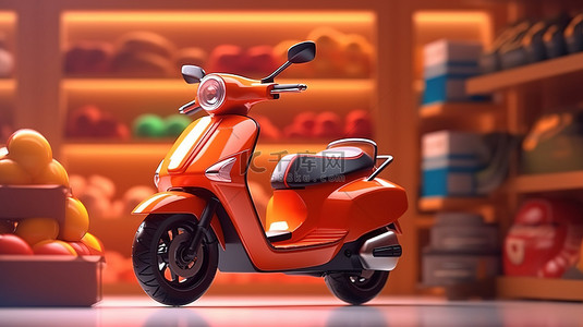 在线购物商店中展示的移动摩托车的 3D 渲染