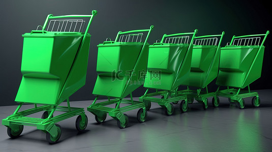 3d 渲染组中轮子上的绿色购物袋