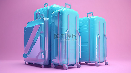 粉红色背景上装有大型聚碳酸酯手提箱的蓝色豪华酒店行李手推车的 3D 渲染