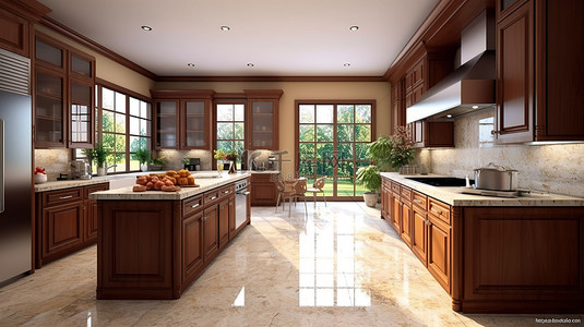豪华厨房的 3D 渲染，配有瓷砖地板染色橱柜和大理石台面