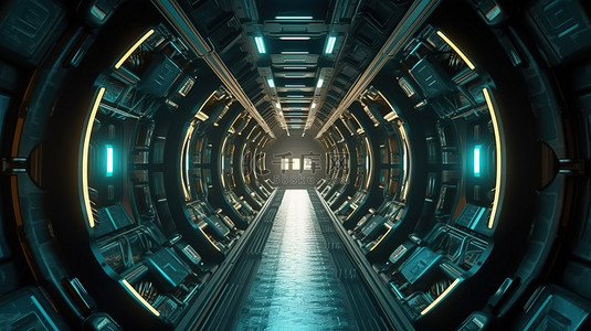 进入科幻太空飞船走廊，穿越未来隧道的 3D 航行