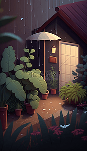 植物灯光雨中的花园卡通的背景