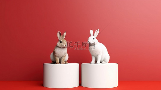2023白色背景图片_3D 渲染讲台与白色和红色的兔子和复制空间