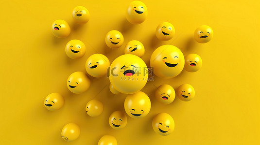 充满活力的黄色背景上微笑表情符号图标的 3D 插图