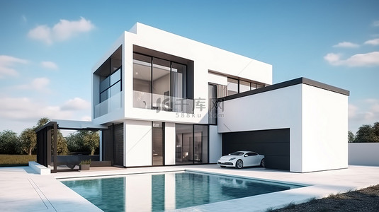 以 3D 渲染的游泳池和车库为特色的现代住宅