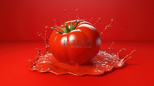 充满活力的红色背景，配有一个单独的番茄和一阵多汁的番茄酱和酱汁 3D 插图和 3D 渲染