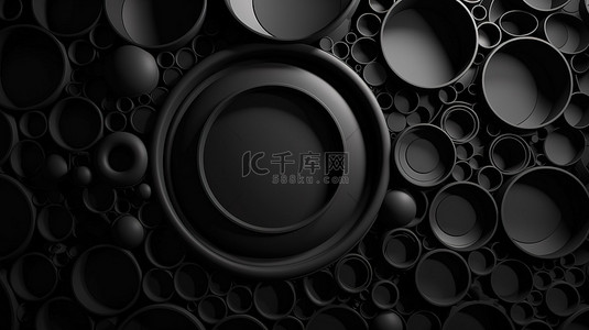 鲜艳的衣服背景图片_单色几何图案几何背景上的一组黑色圆形 3D 插图