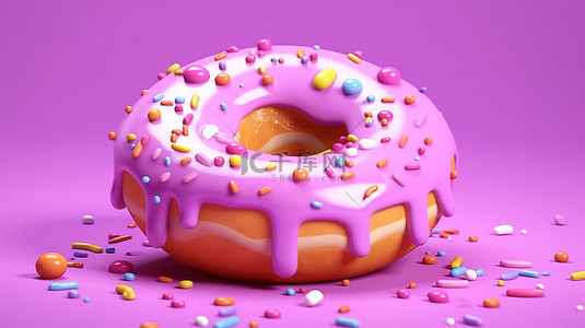 充满活力的 3D 渲染美味的釉面甜甜圈，带有粉红色糖霜和紫色背景下的彩色洒水