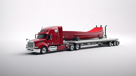 光滑的赛艇拖车由一辆巨大的红色卡车牵引，采用干净的白色帆布 3D 设计